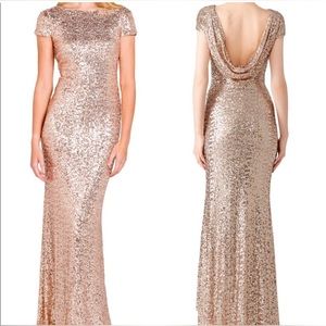 lulus blush Gold Sequin Cowl Back Floor Length Gown Large